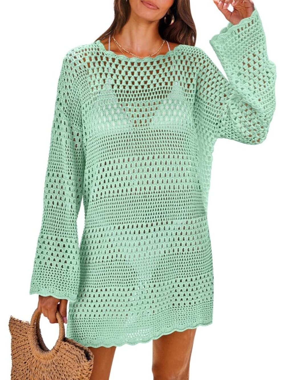 〽️Women's Swimsuit Cover Up Light Green Pull On Mesh Knit Crochet Crochet Dress